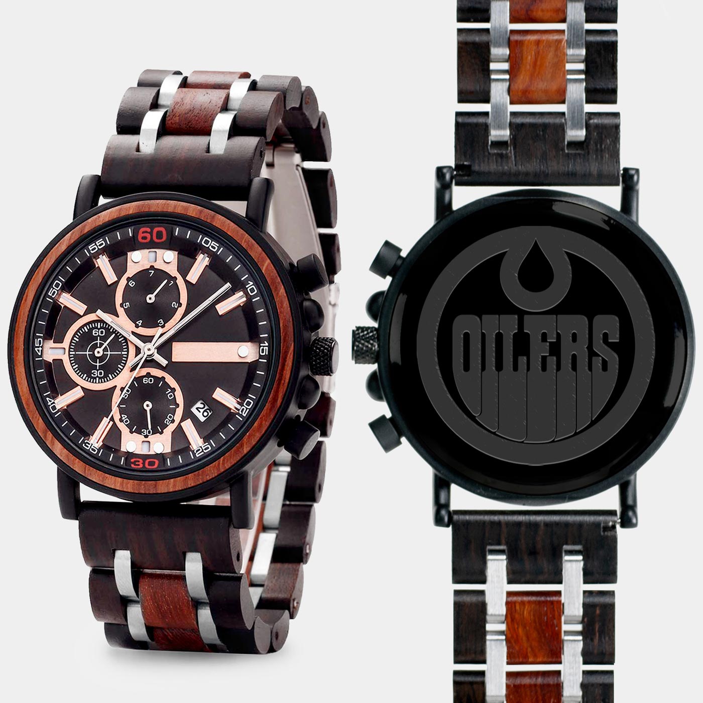 Edmonton Oilers Mens Wrist Watch  - Personalized Edmonton Oilers Mens Watches - Custom Gifts For Him, Birthday Gifts, Gift For Dad - Best 2022 Edmonton Oilers Christmas Gifts - Black 45mm NHL Wood Watch - By Engraved In Nature