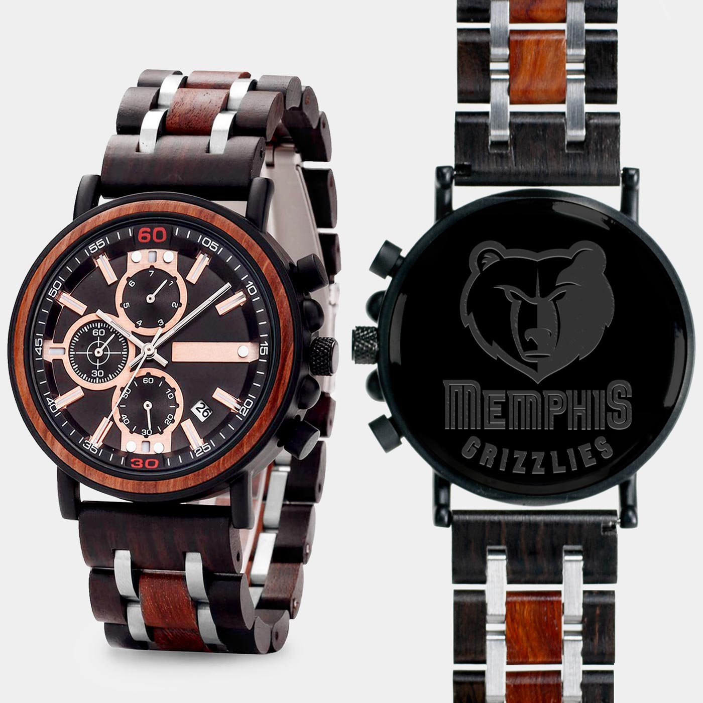 Memphis Grizzlies Wooden Wristwatch Mahogany And Walnut Wood Chronograph Watch - Free Custom Engraving