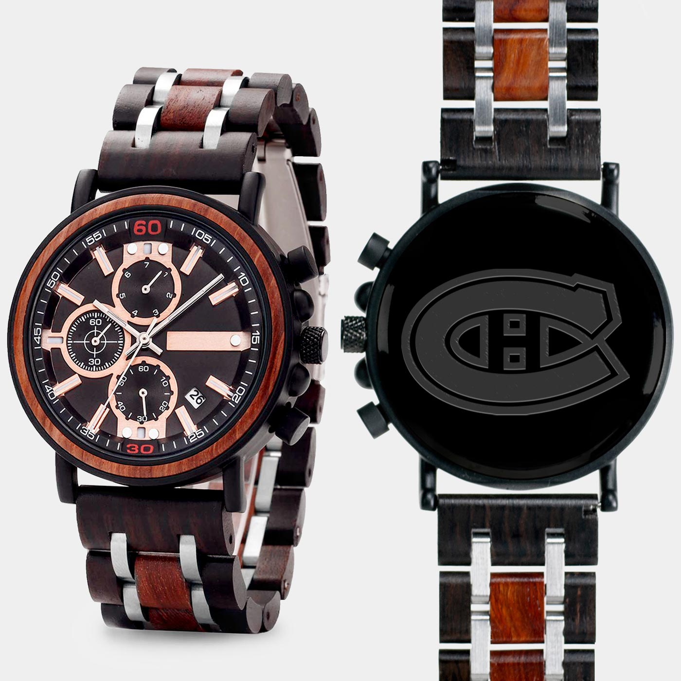 Montreal Canadiens Mens Wrist Watch  - Personalized Montreal Canadiens Mens Watches - Custom Gifts For Him, Birthday Gifts, Gift For Dad - Best 2022 Montreal Canadiens Christmas Gifts - Black 45mm NHL Wood Watch - By Engraved In Nature
