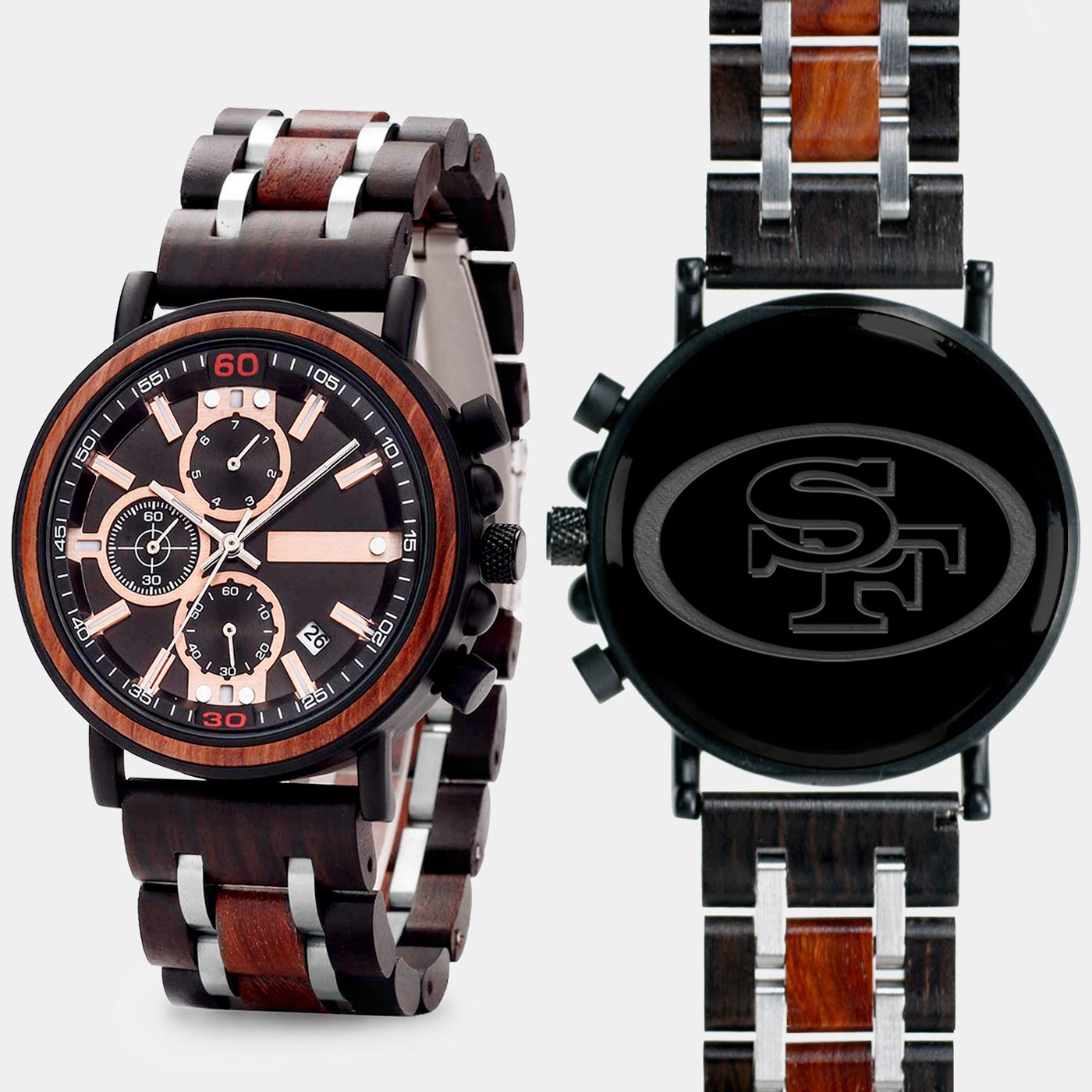 San Francisco 49ers Wooden Wristwatch Mahogany And Walnut Wood Chronograph Watch - Free Custom Engraving