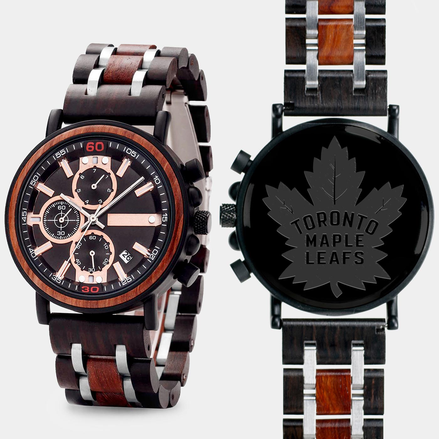 Toronto Maple Leafs Mens Wrist Watch  - Personalized Toronto Maple Leafs Mens Watches - Custom Gifts For Him, Birthday Gifts, Gift For Dad - Best 2022 Toronto Maple Leafs Christmas Gifts - Black 45mm NHL Wood Watch - By Engraved In Nature