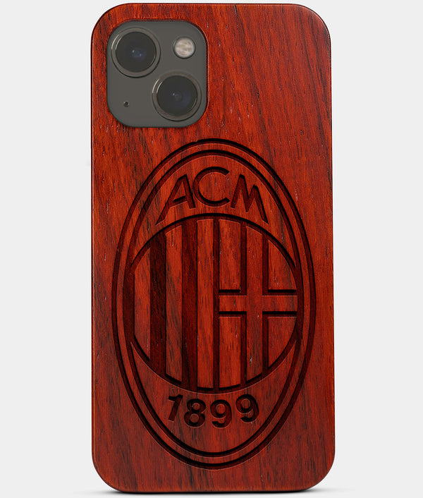 Carved Wood A.C. Milan iPhone 13 Mini Case | Custom A.C. Milan Gift, Birthday Gift | Personalized Mahogany Wood Cover, Gifts For Him, Monogrammed Gift For Fan | by Engraved In Nature