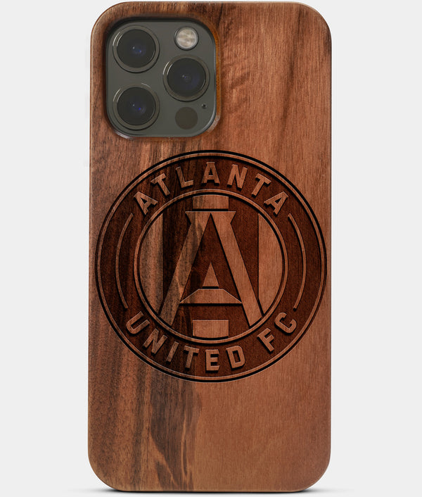 Carved Wood Atlanta United FC iPhone 13 Pro Case | Custom Atlanta United FC Gift, Birthday Gift | Personalized Mahogany Wood Cover, Gifts For Him, Monogrammed Gift For Fan | by Engraved In Nature
