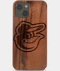 Carved Wood Baltimore Orioles iPhone 13 Mini Case | Custom Baltimore Orioles Gift, Birthday Gift | Personalized Mahogany Wood Cover, Gifts For Him, Monogrammed Gift For Fan | by Engraved In Nature