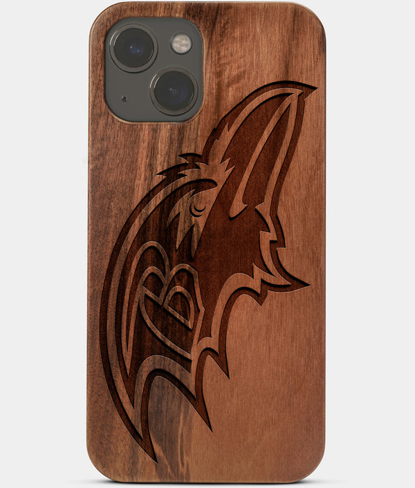 Carved Wood Baltimore Ravens iPhone 13 Case | Custom Baltimore Ravens Gift, Birthday Gift | Personalized Mahogany Wood Cover, Gifts For Him, Monogrammed Gift For Fan | by Engraved In Nature