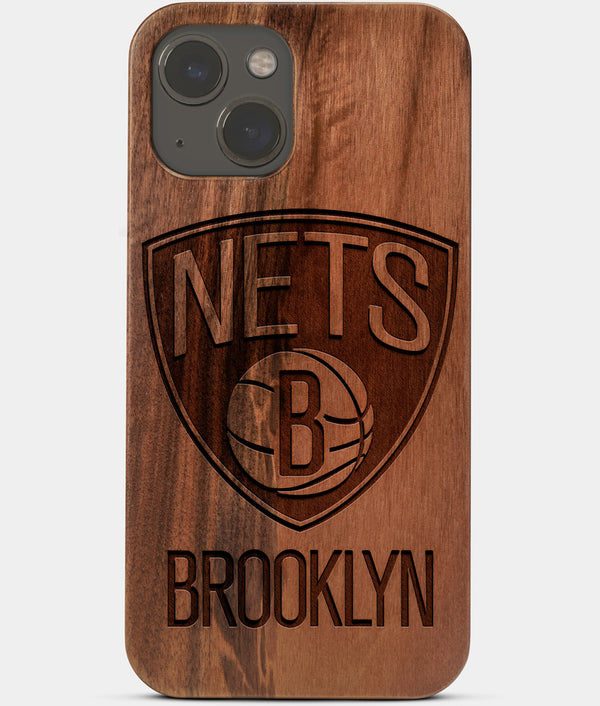 Carved Wood Brooklyn Nets iPhone 13 Mini Case | Custom Brooklyn Nets Gift, Birthday Gift | Personalized Mahogany Wood Cover, Gifts For Him, Monogrammed Gift For Fan | by Engraved In Nature