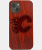 Carved Wood Calgary Flames iPhone 13 Case | Custom Calgary Flames Gift, Birthday Gift | Personalized Mahogany Wood Cover, Gifts For Him, Monogrammed Gift For Fan | by Engraved In Nature
