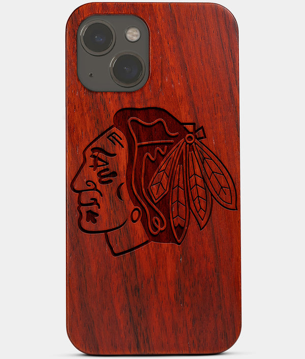 Carved Wood Chicago Blackhawks iPhone 13 Case | Custom Chicago Blackhawks Gift, Birthday Gift | Personalized Mahogany Wood Cover, Gifts For Him, Monogrammed Gift For Fan | by Engraved In Nature