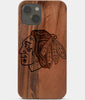 Carved Wood Chicago Blackhawks iPhone 13 Case | Custom Chicago Blackhawks Gift, Birthday Gift | Personalized Mahogany Wood Cover, Gifts For Him, Monogrammed Gift For Fan | by Engraved In Nature