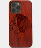 Carved Wood Chicago Blackhawks iPhone 13 Pro Max Case | Custom Chicago Blackhawks Gift, Birthday Gift | Personalized Mahogany Wood Cover, Gifts For Him, Monogrammed Gift For Fan | by Engraved In Nature