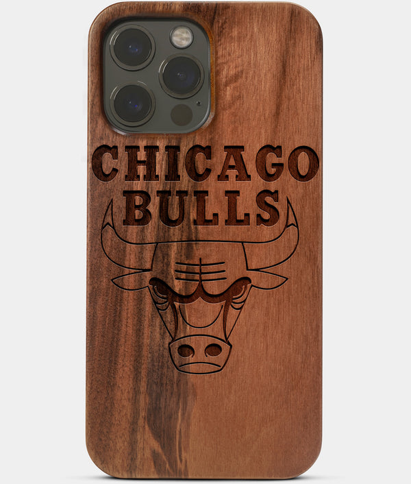 Carved Wood Chicago Bulls iPhone 13 Pro Case | Custom Chicago Bulls Gift, Birthday Gift | Personalized Mahogany Wood Cover, Gifts For Him, Monogrammed Gift For Fan | by Engraved In Nature