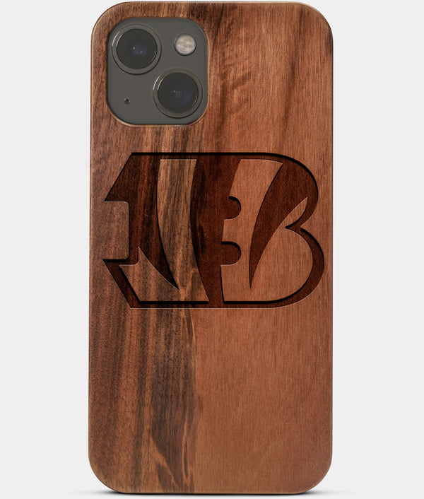 Carved Wood Cincinnati Bengals iPhone 13 Case | Custom Cincinnati Bengals Gift, Birthday Gift | Personalized Mahogany Wood Cover, Gifts For Him, Monogrammed Gift For Fan | by Engraved In Nature