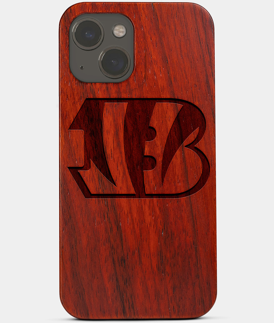 Carved Wood Cincinnati Bengals iPhone 13 Mini Case | Custom Cincinnati Bengals Gift, Birthday Gift | Personalized Mahogany Wood Cover, Gifts For Him, Monogrammed Gift For Fan | by Engraved In Nature