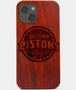 Carved Wood Detroit Pistons iPhone 13 Case | Custom Detroit Pistons Gift, Birthday Gift | Personalized Mahogany Wood Cover, Gifts For Him, Monogrammed Gift For Fan | by Engraved In Nature