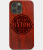 Carved Wood Detroit Pistons iPhone 13 Pro Max Case | Custom Detroit Pistons Gift, Birthday Gift | Personalized Mahogany Wood Cover, Gifts For Him, Monogrammed Gift For Fan | by Engraved In Nature