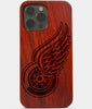 Carved Wood Detroit Red Wings iPhone 13 Pro Case | Custom Detroit Red Wings Gift, Birthday Gift | Personalized Mahogany Wood Cover, Gifts For Him, Monogrammed Gift For Fan | by Engraved In Nature