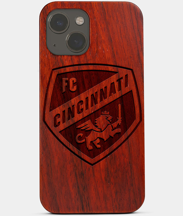 Carved Wood FC Cincinnati iPhone 13 Mini Case | Custom FC Cincinnati Gift, Birthday Gift | Personalized Mahogany Wood Cover, Gifts For Him, Monogrammed Gift For Fan | by Engraved In Nature