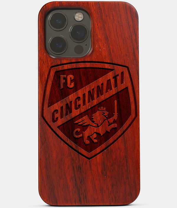 Carved Wood FC Cincinnati iPhone 13 Pro Max Case | Custom FC Cincinnati Gift, Birthday Gift | Personalized Mahogany Wood Cover, Gifts For Him, Monogrammed Gift For Fan | by Engraved In Nature