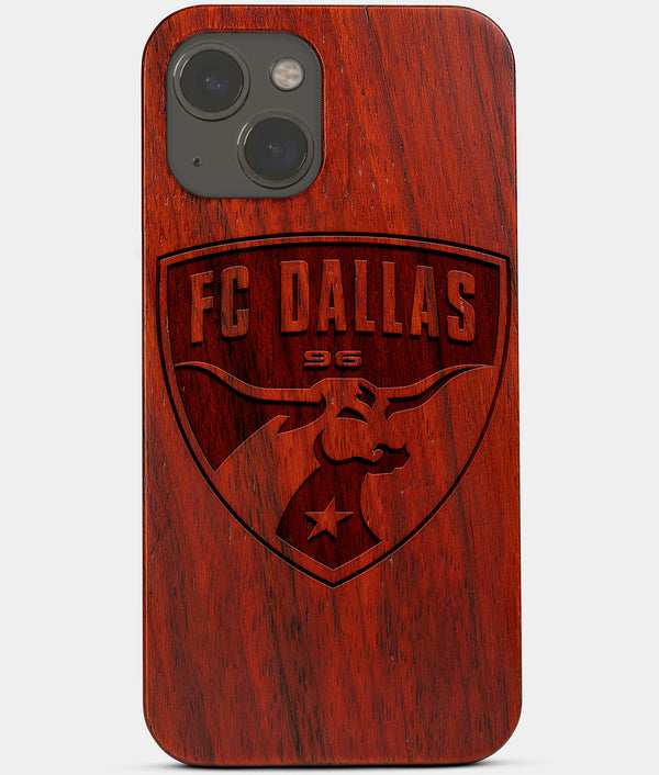 Carved Wood FC Dallas iPhone 13 Mini Case | Custom FC Dallas Gift, Birthday Gift | Personalized Mahogany Wood Cover, Gifts For Him, Monogrammed Gift For Fan | by Engraved In Nature