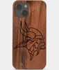 Carved Wood Minnesota Vikings iPhone 13 Case | Custom Minnesota Vikings Gift, Birthday Gift | Personalized Mahogany Wood Cover, Gifts For Him, Monogrammed Gift For Fan | by Engraved In Nature