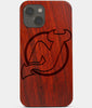 Carved Wood New Jersey Devils iPhone 13 Mini Case | Custom New Jersey Devils Gift, Birthday Gift | Personalized Mahogany Wood Cover, Gifts For Him, Monogrammed Gift For Fan | by Engraved In Nature