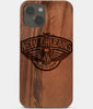 Carved Wood New Orleans Pelicans iPhone 13 Case | Custom New Orleans Pelicans Gift, Birthday Gift | Personalized Mahogany Wood Cover, Gifts For Him, Monogrammed Gift For Fan | by Engraved In Nature