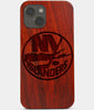 Carved Wood New York Islanders iPhone 13 Case | Custom NY Islanders Gift, Birthday Gift | Personalized Mahogany Wood Cover, Gifts For Him, Monogrammed Gift For Fan | by Engraved In Nature