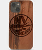 Carved Wood New York Islanders iPhone 13 Case | Custom NY Islanders Gift, Birthday Gift | Personalized Mahogany Wood Cover, Gifts For Him, Monogrammed Gift For Fan | by Engraved In Nature