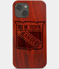 Carved Wood New York Rangers iPhone 13 Mini Case | Custom NY Rangers Gift, Birthday Gift | Personalized Mahogany Wood Cover, Gifts For Him, Monogrammed Gift For Fan | by Engraved In Nature