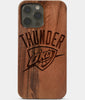 Carved Wood OKC Thunder iPhone 13 Pro Max Case | Custom OKC Thunder Gift, Birthday Gift | Personalized Mahogany Wood Cover, Gifts For Him, Monogrammed Gift For Fan | by Engraved In Nature