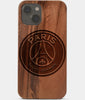 Carved Wood Paris Saint Germain F.C. iPhone 13 Case | Custom Paris Saint Germain F.C. Gift, Birthday Gift | Personalized Mahogany Wood Cover, Gifts For Him, Monogrammed Gift For Fan | by Engraved In Nature