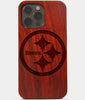 Carved Wood Pittsburgh Steelers iPhone 13 Pro Max Case | Custom Pittsburgh Steelers Gift, Birthday Gift | Personalized Mahogany Wood Cover, Gifts For Him, Monogrammed Gift For Fan | by Engraved In Nature