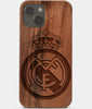 Carved Wood Real Madrid C.F. iPhone 13 Case | Custom Real Madrid C.F. Gift, Birthday Gift | Personalized Mahogany Wood Cover, Gifts For Him, Monogrammed Gift For Fan | by Engraved In Nature
