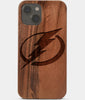 Carved Wood Tampa Bay Lightning iPhone 13 Case | Custom Tampa Bay Lightning Gift, Birthday Gift | Personalized Mahogany Wood Cover, Gifts For Him, Monogrammed Gift For Fan | by Engraved In Nature