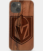 Carved Wood Vegas Golden Knights iPhone 13 Mini Case | Custom Vegas Golden Knights Gift, Birthday Gift | Personalized Mahogany Wood Cover, Gifts For Him, Monogrammed Gift For Fan | by Engraved In Nature