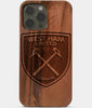 Carved Wood West Ham United F.C. iPhone 13 Pro Max Case | Custom West Ham United F.C. Gift, Birthday Gift | Personalized Mahogany Wood Cover, Gifts For Him, Monogrammed Gift For Fan | by Engraved In Nature