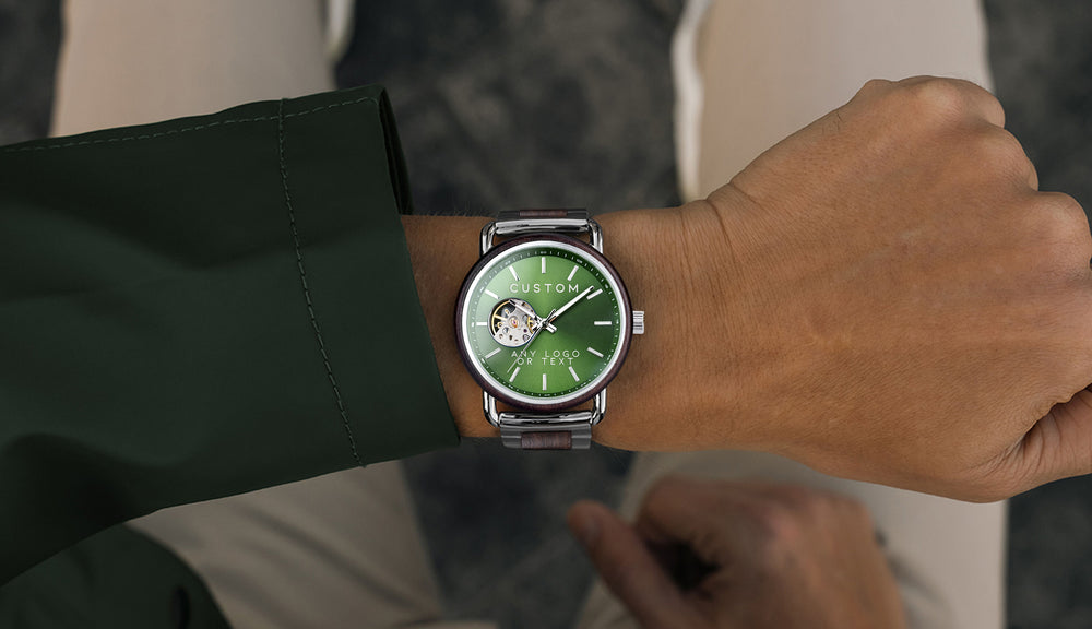 AlderWood Mens Green Face Automatic Watch - Custom Wood Watch For Men - Men's Green Dial Watches - Mens Green Face Watch Silver Strap - Ecofriendly Custom Anniversary Gift - Sustainable Groomsmen Gifts Custom Personalized Watch For Men Birthday. Holiday 2024 Gifts For Men, Luxury Wood Watches Best Custom Watch For Husband, Boyfriend, Groom, Groomsmen, and More