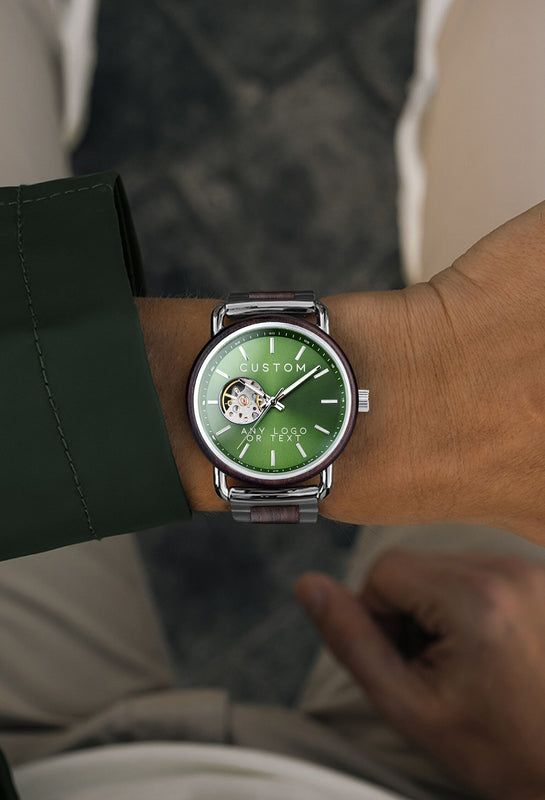 AlderWood Mens Green Face Automatic Watch - Custom Wood Watch For Men - Men's Green Dial Watches - Mens Green Face Watch Silver Strap - Ecofriendly Custom Anniversary Gift - Sustainable Groomsmen Gifts Custom Personalized Watch For Men Birthday. Holiday 2024 Gifts For Men, Luxury Wood Watches Best Custom Watch For Husband, Boyfriend, Groom, Groomsmen, and Mobile