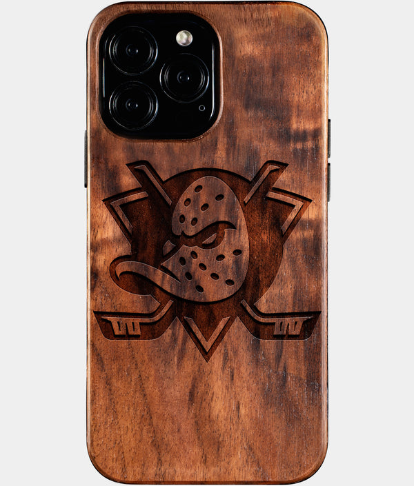 Custom Anaheim Ducks iPhone 16/16 Pro/16 Pro Max/16 Plus Case - Wood Anaheim Ducks Cover - Eco-friendly Anaheim Ducks iPhone 16 Case - Carved Wood Custom Anaheim Ducks Gift For Him - Monogrammed Personalized iPhone 16 Cover By Engraved In Nature