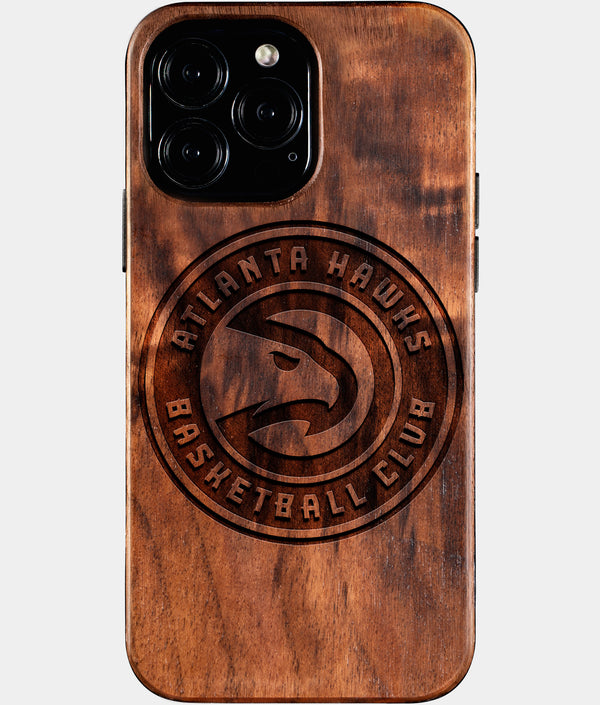 Custom Atlanta Hawks iPhone 16/16 Pro/16 Pro Max/16 Plus Case - Wood Hawks Cover - Eco-friendly Atlanta Hawks iPhone 16 Case - Carved Wood Custom Atlanta Hawks Gift For Him - Monogrammed Personalized iPhone 16 Cover By Engraved In Nature