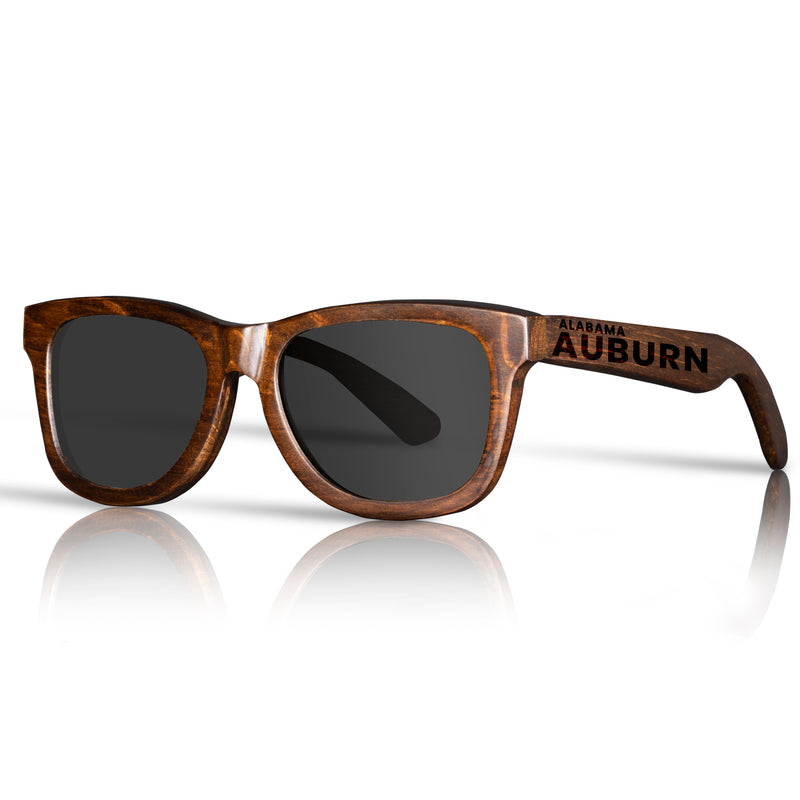 Auburn Alabama Wood Sunglasses with custom engraving. Custom Auburn Alabama Gifts For Men -  Sustainable Auburn Alabama eco friendly products - Personalized Auburn Alabama Birthday Gifts - Unique Auburn Alabama travel Souvenirs and gift shops. Auburn Alabama Wayfarer Eyewear and Shades Front View