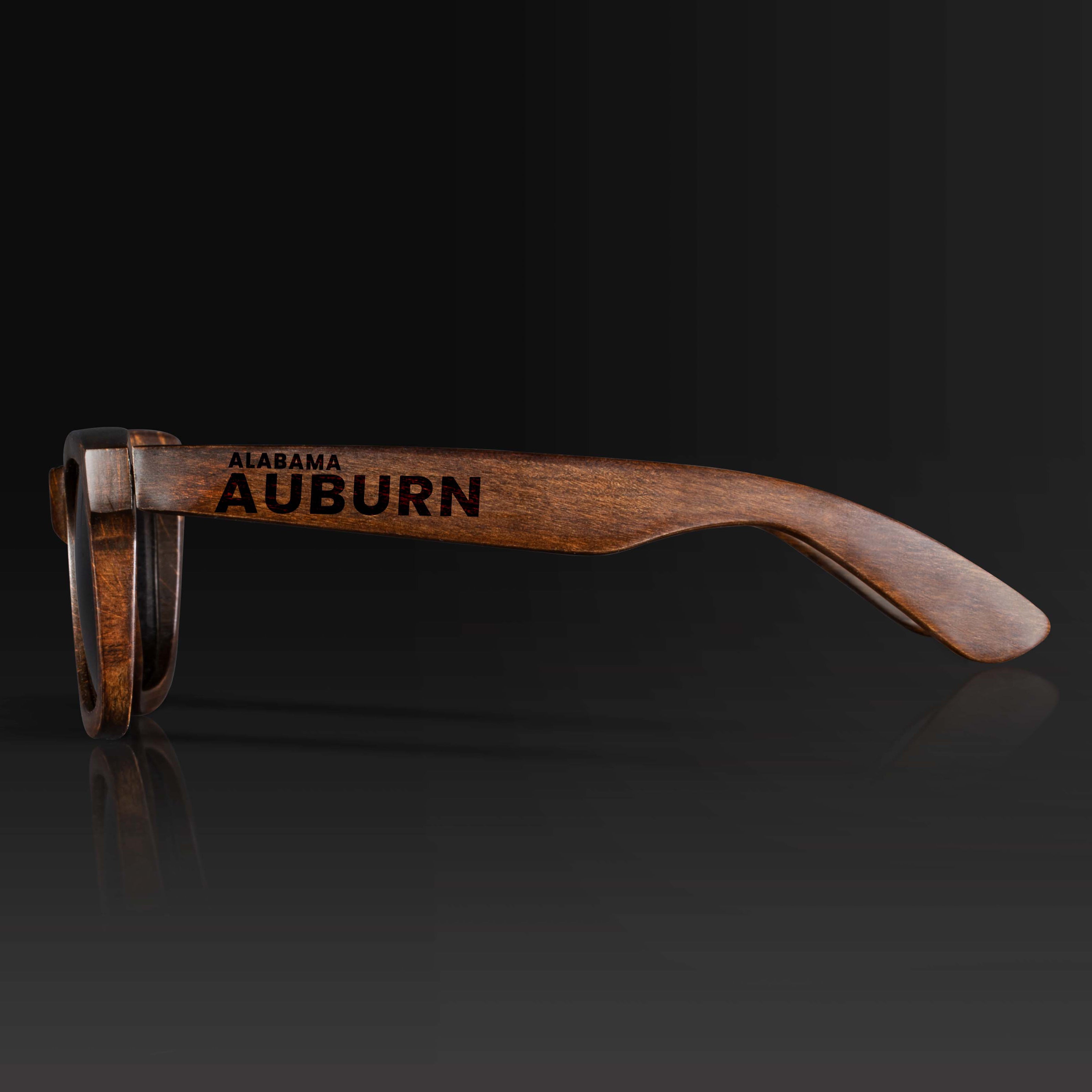 Auburn Alabama Wood Sunglasses with custom engraving. Custom Auburn Alabama Gifts For Men -  Sustainable Auburn Alabama eco friendly products - Personalized Auburn Alabama Birthday Gifts - Unique Auburn Alabama travel Souvenirs and gift shops. Auburn Alabama Wayfarer Eyewear and Shades Side