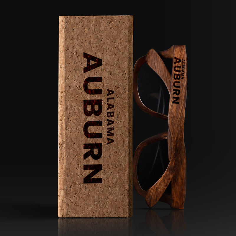 Auburn Alabama Wood Sunglasses with custom engraving. Custom Auburn Alabama Gifts For Men -  Sustainable Auburn Alabama eco friendly products - Personalized Auburn Alabama Birthday Gifts - Unique Auburn Alabama travel Souvenirs and gift shops. Auburn Alabama Wayfarer Eyewear and Shades with Box