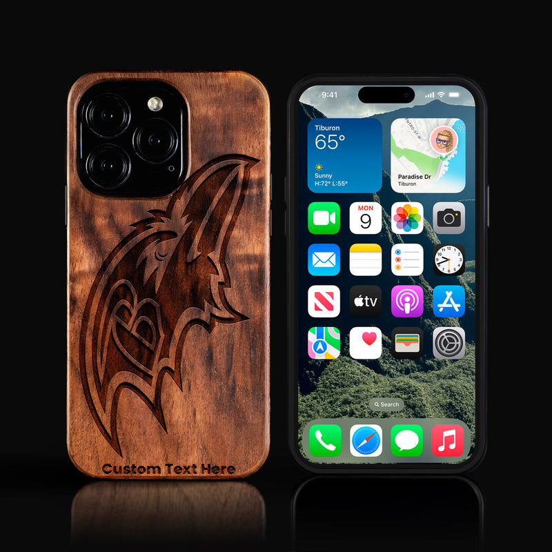 Custom Baltimore Ravens iPhone 16/16 Pro/16 Pro Max/16 Plus Case - Carved Wood Ravens Cover