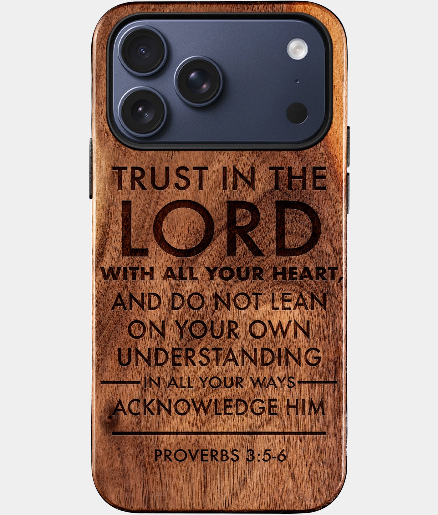 Custom Bible Verse iPhone 17 Pro Case Personalized Wood Engraved Religious Gifts For Christians Christian Gifts For Men And Women Proverbs 3:5-6 engraved with your favorite Bible verse. This personalized scripture phone case lets you showcase any verse from Genesis to Revelation. Ideal as a gift for baptisms, congregation gifts, pastor gifts, confirmations, birthdays, or daily encouragement for Christians.