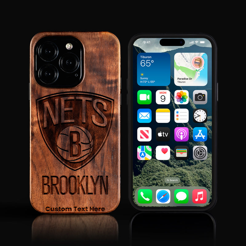 Custom Brooklyn Nets iPhone 16/16 Pro/16 Pro Max/16 Plus Case - Carved Wood Nets Cover