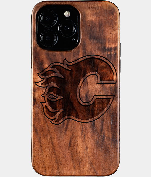 Custom Calgary Flames iPhone 16/16 Pro/16 Pro Max/16 Plus Case - Wood Calgary Flames Cover - Eco-friendly Calgary Flames iPhone 16 Case - Carved Wood Custom Calgary Flames Gift For Him - Monogrammed Personalized iPhone 16 Cover By Engraved In Nature