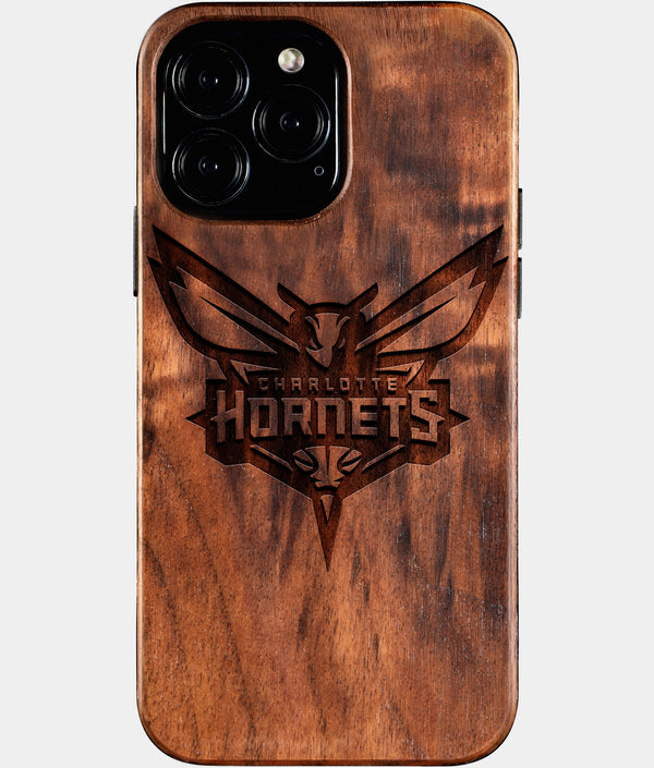 Custom Charlotte Hornets iPhone 16/16 Pro/16 Pro Max/16 Plus Case - Wood Hornets Cover - Eco-friendly Charlotte Hornets iPhone 16 Case - Carved Wood Custom Charlotte Hornets Gift For Him - Monogrammed Personalized iPhone 16 Cover By Engraved In Nature