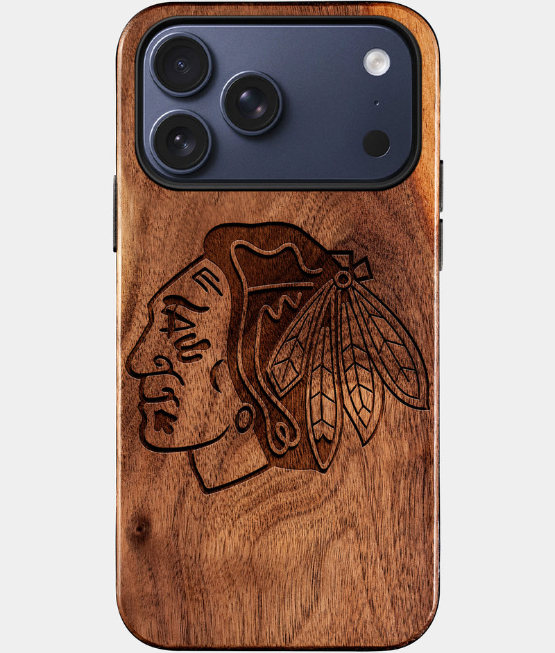 Eco-friendly Chicago Blackhawks iPhone 17 Pro Max Case - Carved Wood Custom Chicago Blackhawks Gift For Him - Monogrammed Personalized iPhone 17 Pro Max Cover By Engraved In Nature