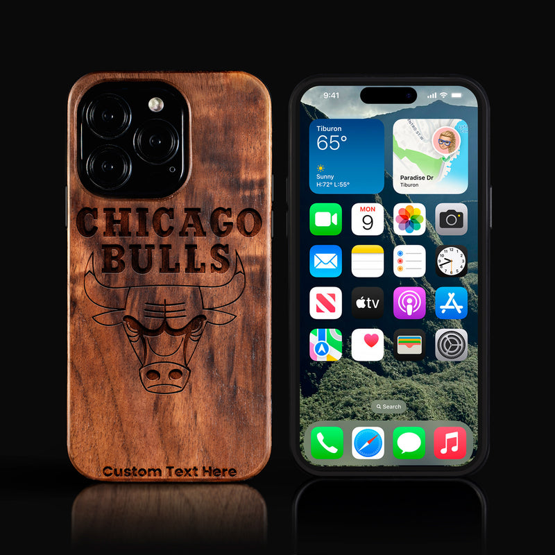 Custom Chicago Bulls iPhone 16/16 Pro/16 Pro Max/16 Plus Case - Carved Wood Bulls Cover